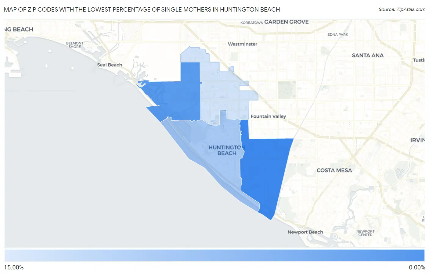 Zip Codes with the Lowest Percentage of Single Mothers in Huntington Beach Map