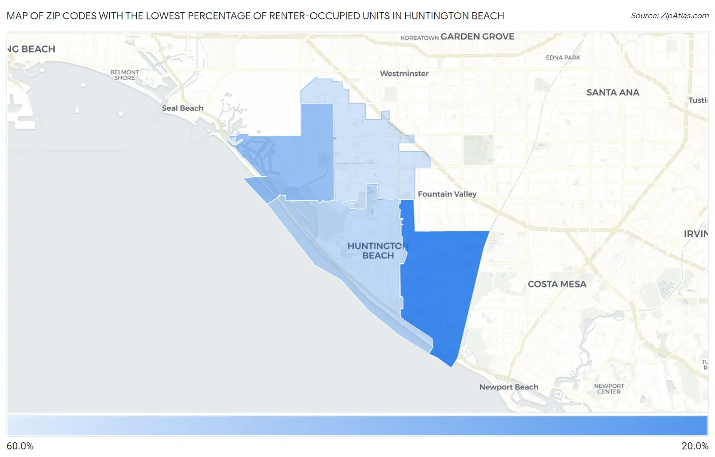 Zip Codes with the Lowest Percentage of Renter-Occupied Units in Huntington Beach Map