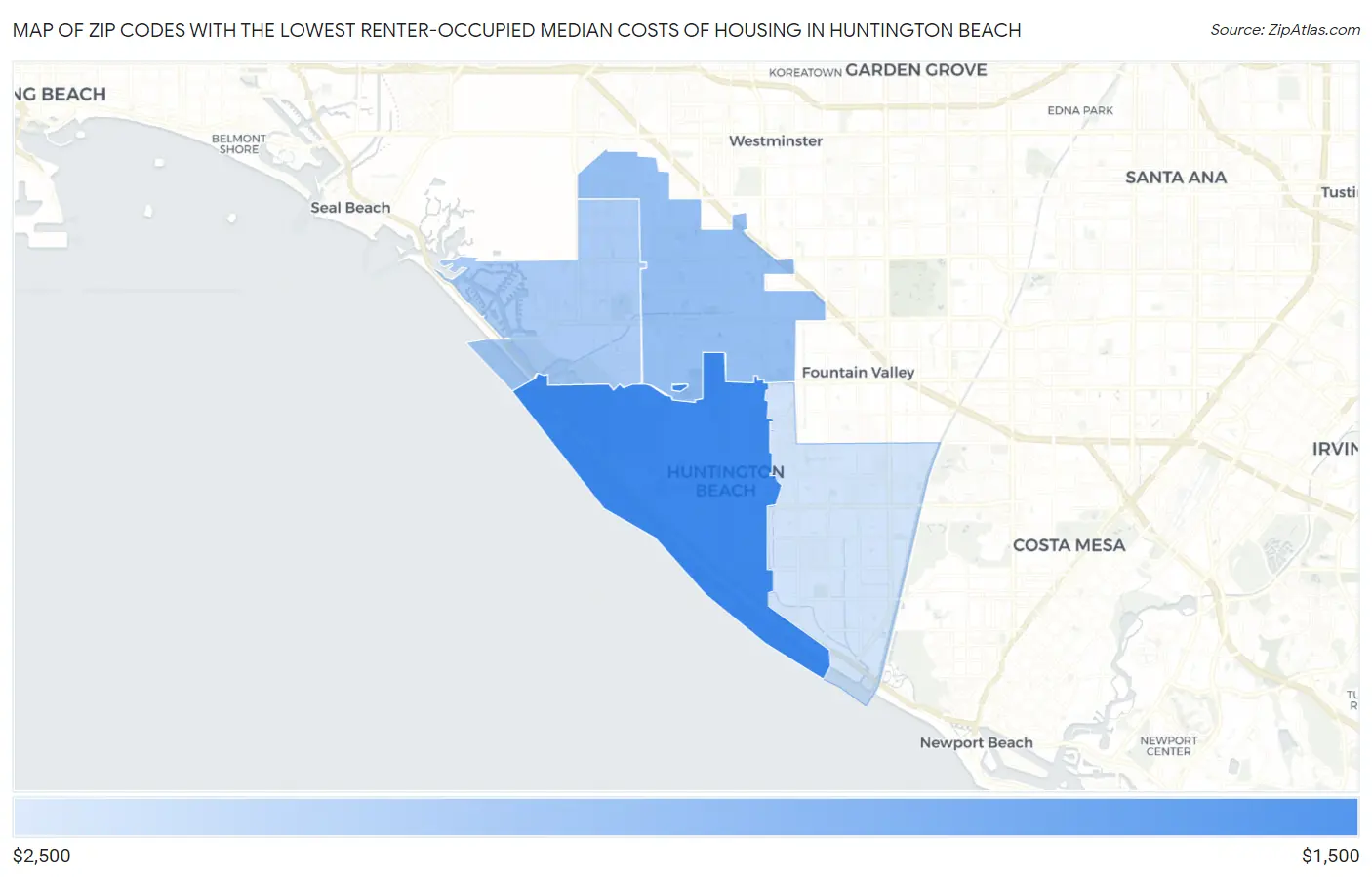 Zip Codes with the Lowest Renter-Occupied Median Costs of Housing in Huntington Beach Map