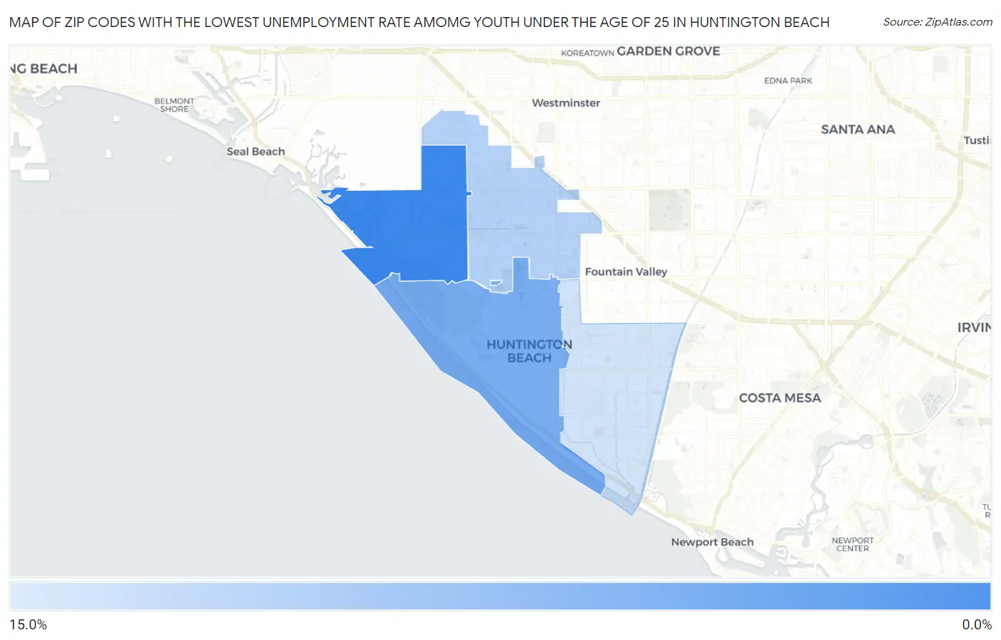 Zip Codes with the Lowest Unemployment Rate Amomg Youth Under the Age of 25 in Huntington Beach Map