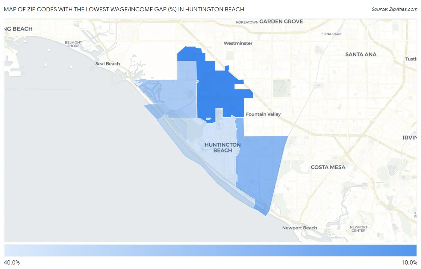 Zip Codes with the Lowest Wage/Income Gap (%) in Huntington Beach Map