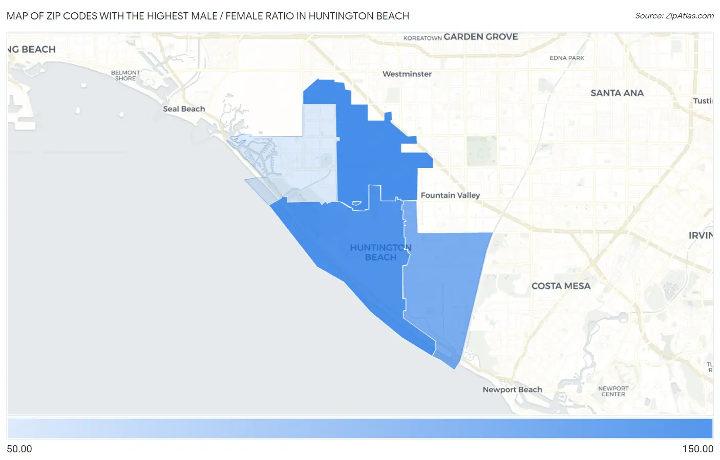 Zip Codes with the Highest Male / Female Ratio in Huntington Beach Map