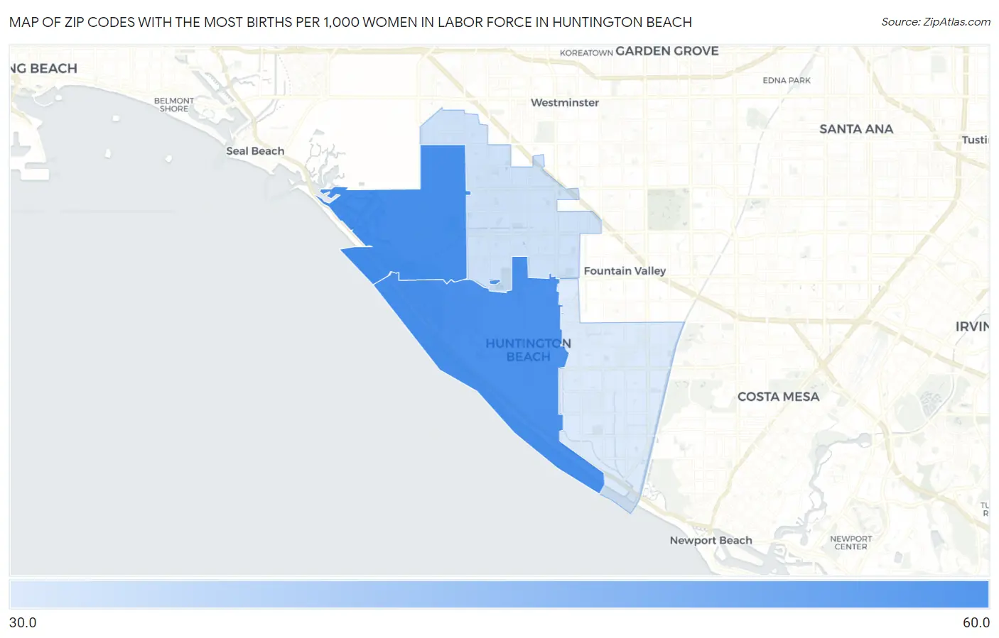 Zip Codes with the Most Births per 1,000 Women in Labor Force in Huntington Beach Map