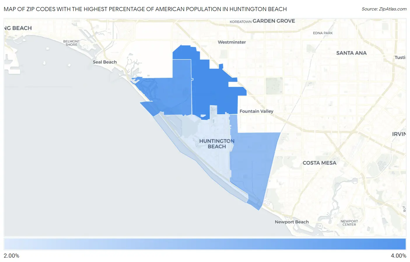 Zip Codes with the Highest Percentage of American Population in Huntington Beach Map