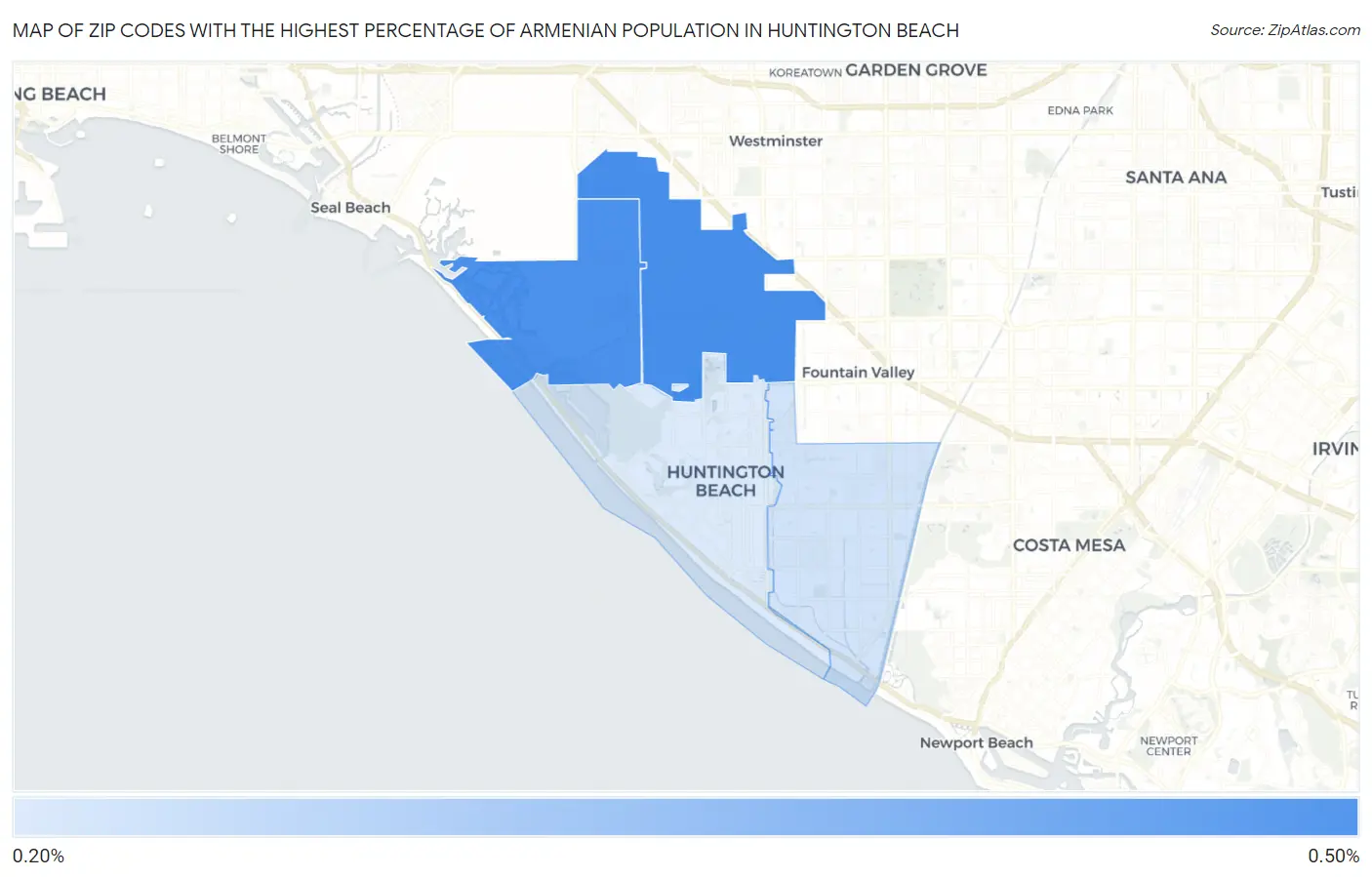 Zip Codes with the Highest Percentage of Armenian Population in Huntington Beach Map