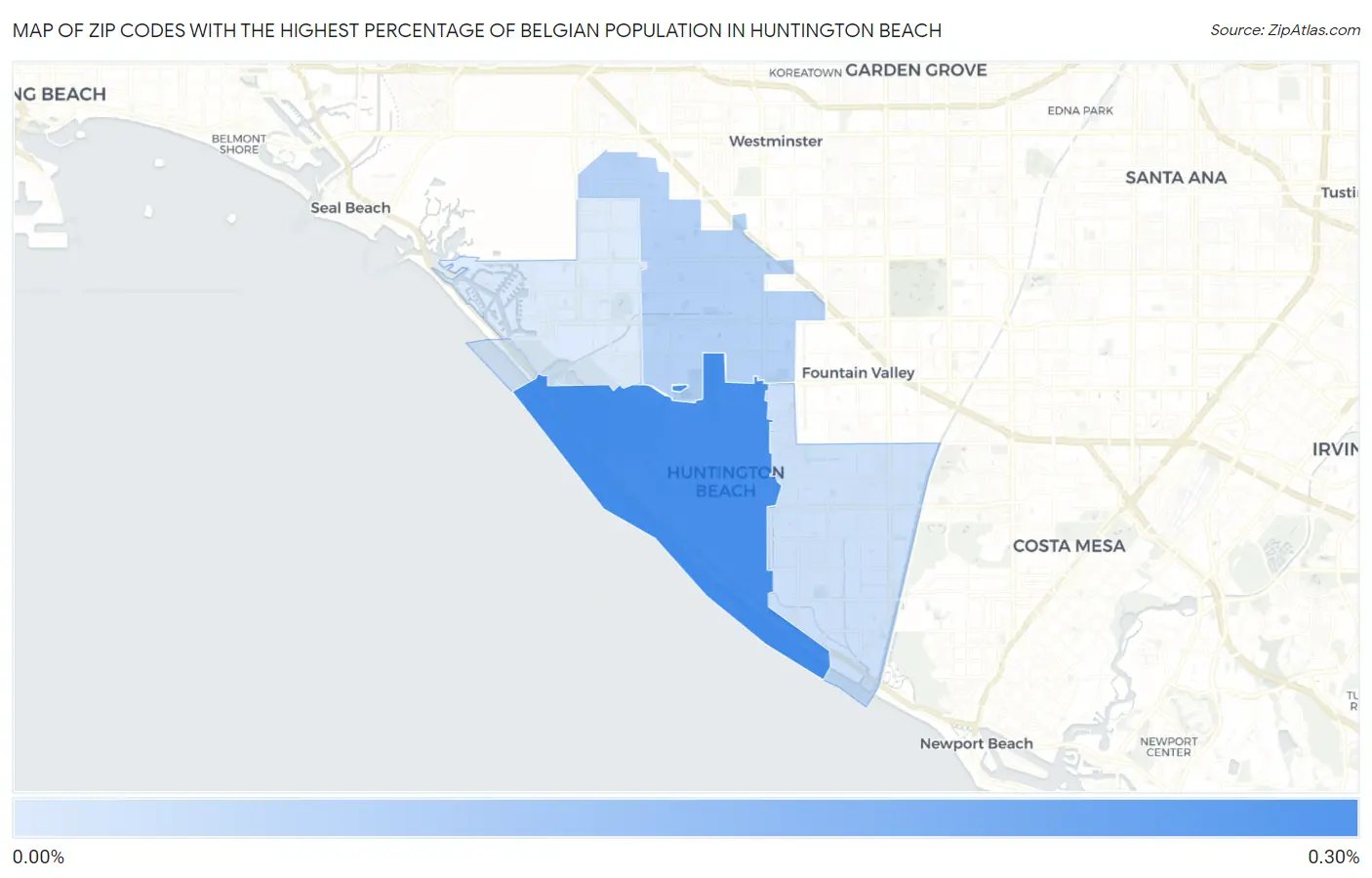Zip Codes with the Highest Percentage of Belgian Population in Huntington Beach Map