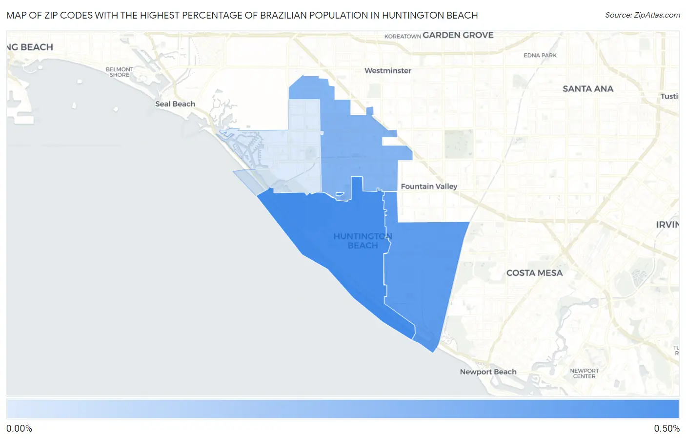 Zip Codes with the Highest Percentage of Brazilian Population in Huntington Beach Map