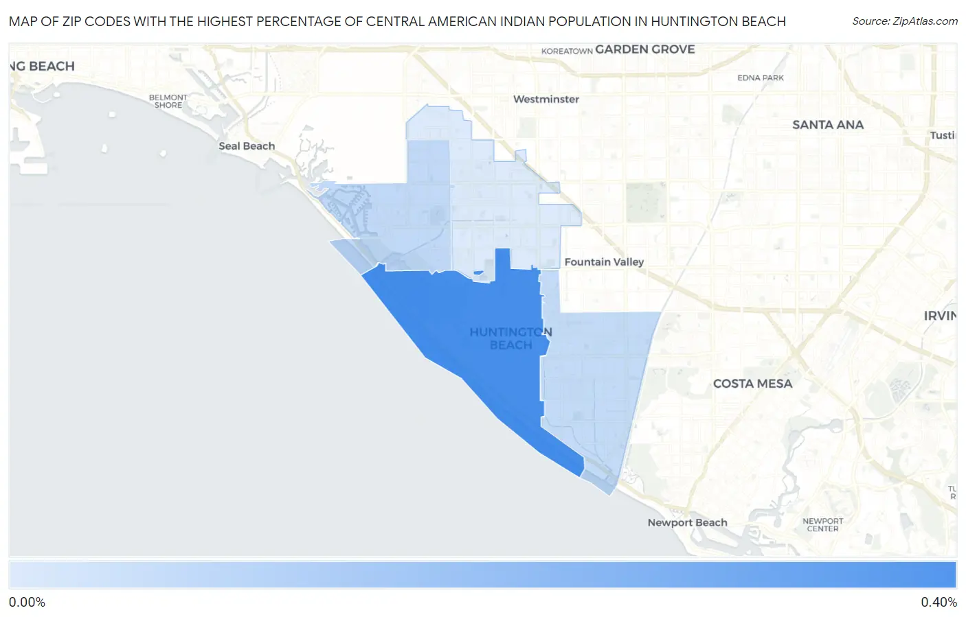 Zip Codes with the Highest Percentage of Central American Indian Population in Huntington Beach Map