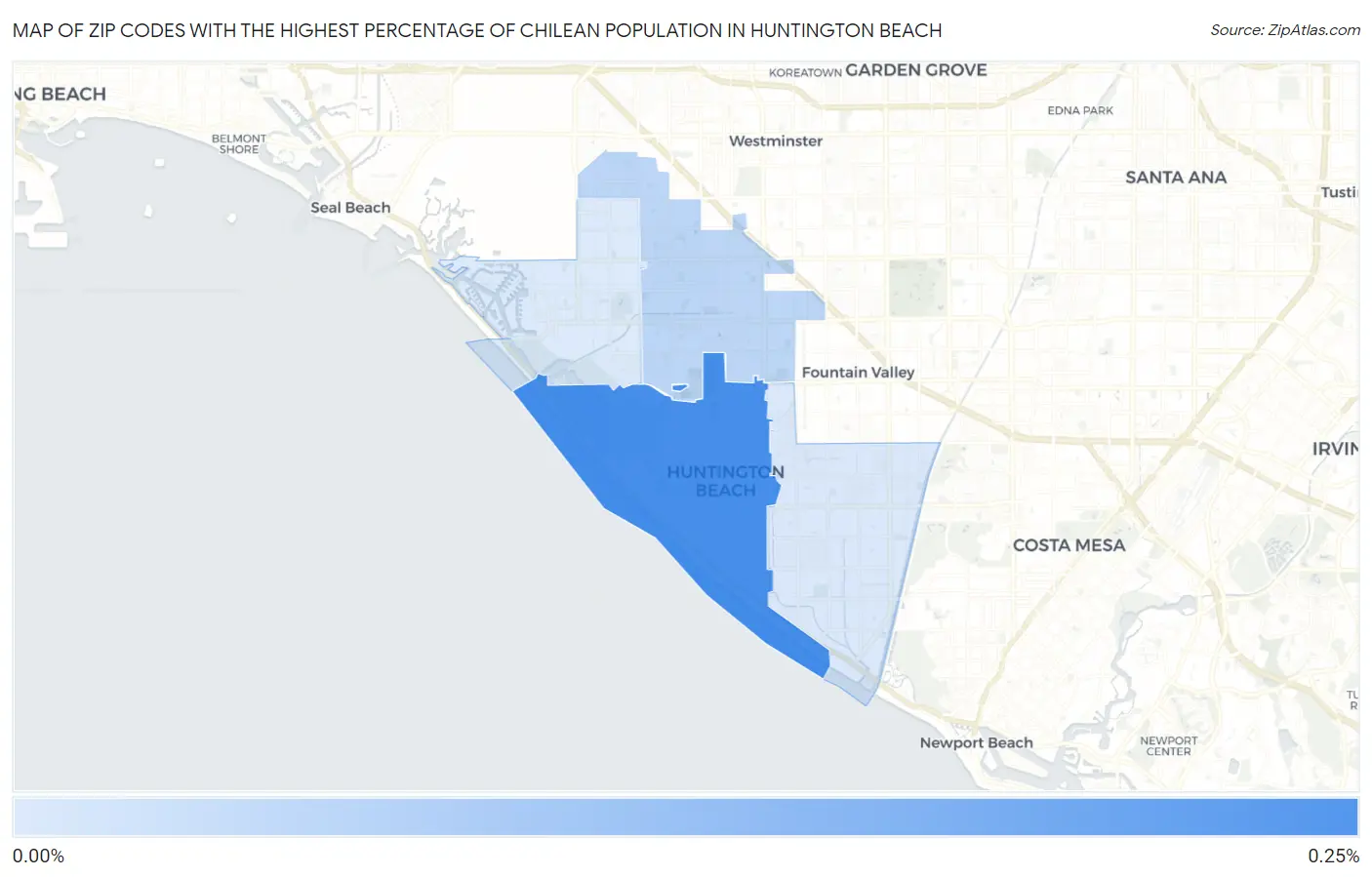 Zip Codes with the Highest Percentage of Chilean Population in Huntington Beach Map