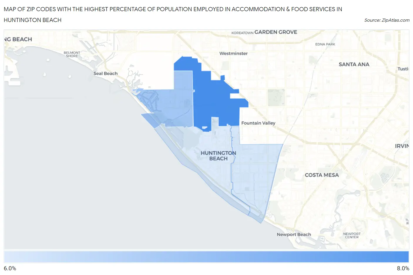 Zip Codes with the Highest Percentage of Population Employed in Accommodation & Food Services in Huntington Beach Map