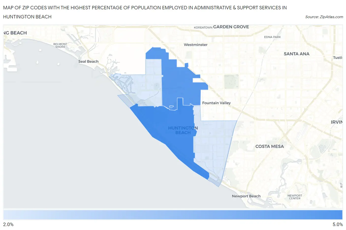 Zip Codes with the Highest Percentage of Population Employed in Administrative & Support Services in Huntington Beach Map
