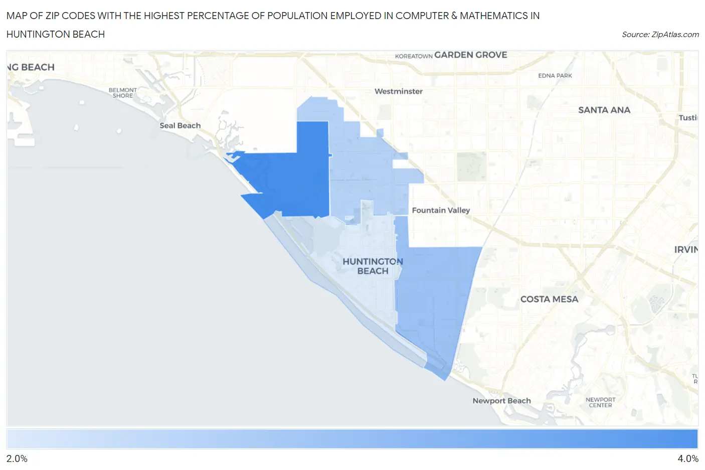 Zip Codes with the Highest Percentage of Population Employed in Computer & Mathematics in Huntington Beach Map