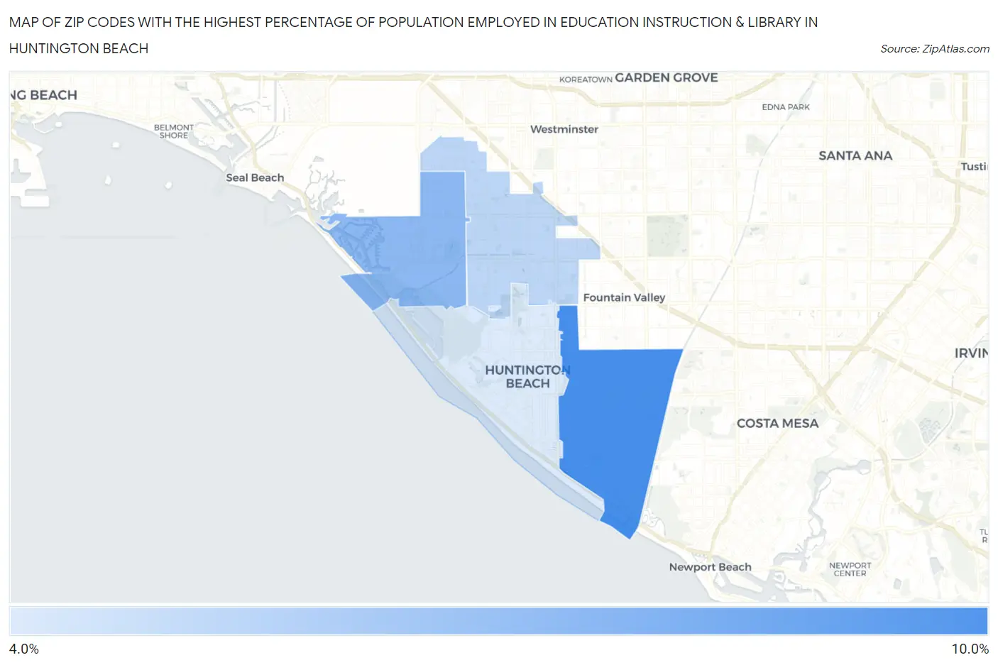 Zip Codes with the Highest Percentage of Population Employed in Education Instruction & Library in Huntington Beach Map