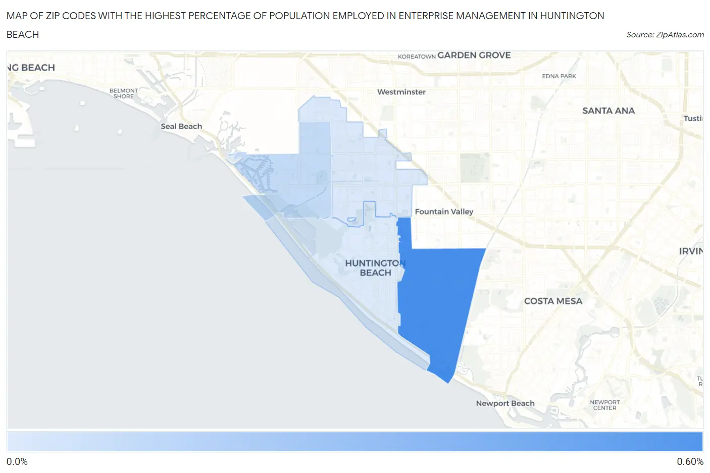Zip Codes with the Highest Percentage of Population Employed in Enterprise Management in Huntington Beach Map