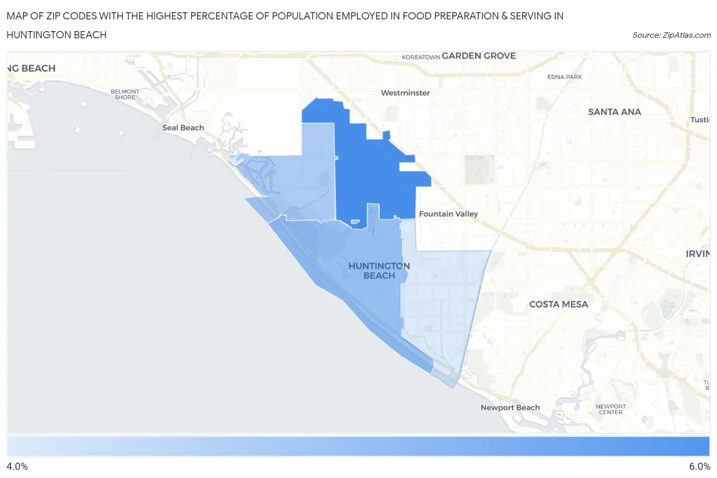 Zip Codes with the Highest Percentage of Population Employed in Food Preparation & Serving in Huntington Beach Map
