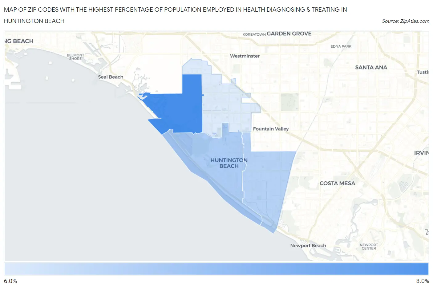 Zip Codes with the Highest Percentage of Population Employed in Health Diagnosing & Treating in Huntington Beach Map