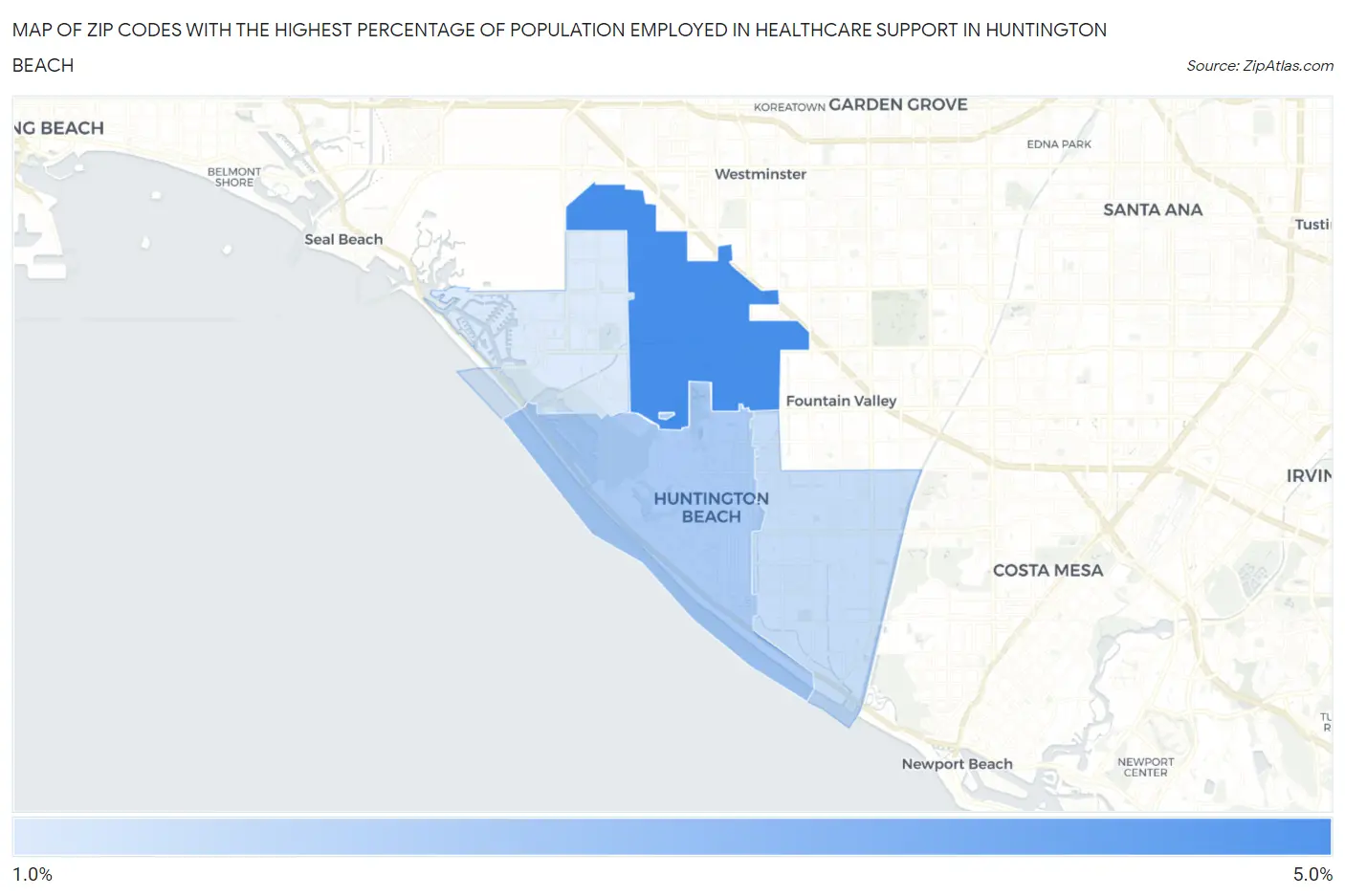 Zip Codes with the Highest Percentage of Population Employed in Healthcare Support in Huntington Beach Map