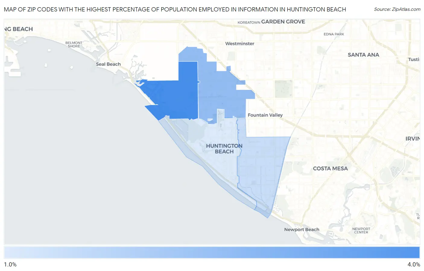 Zip Codes with the Highest Percentage of Population Employed in Information in Huntington Beach Map