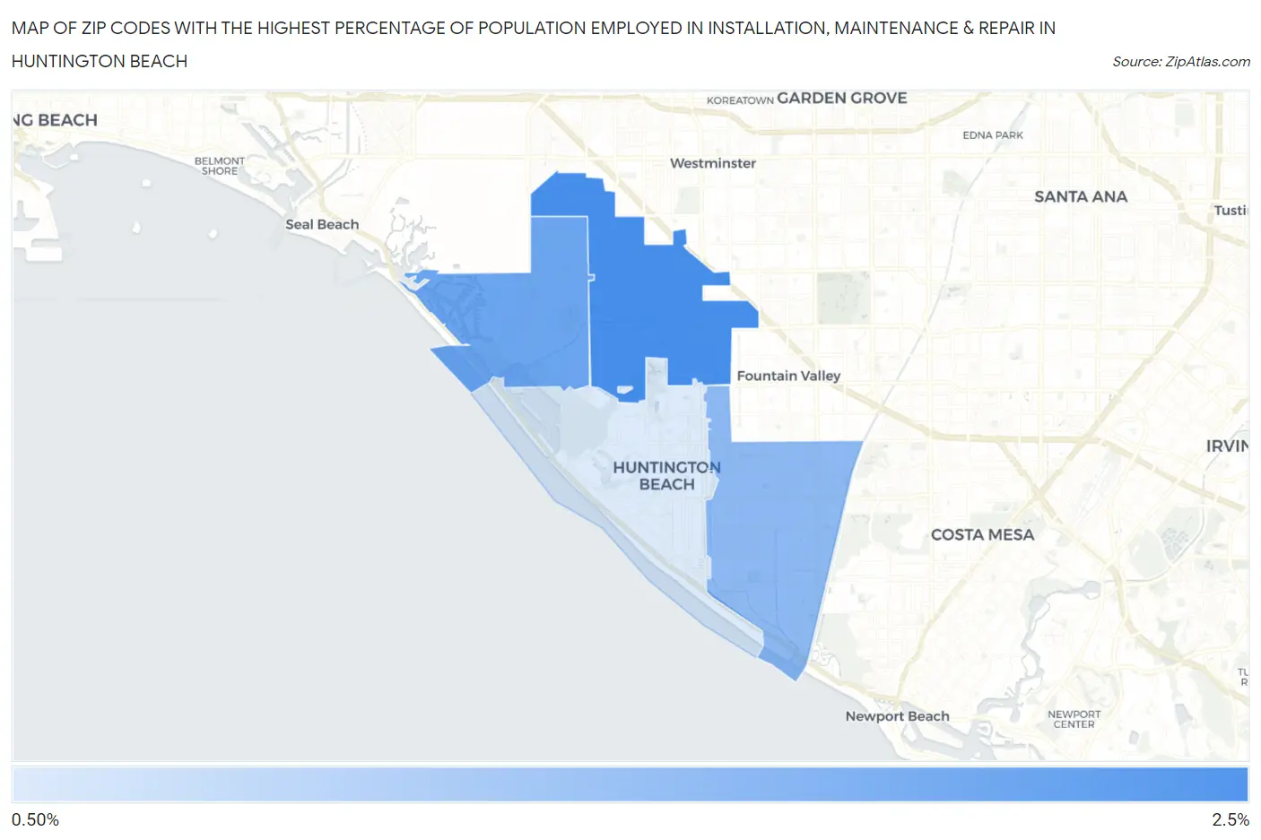 Zip Codes with the Highest Percentage of Population Employed in Installation, Maintenance & Repair in Huntington Beach Map