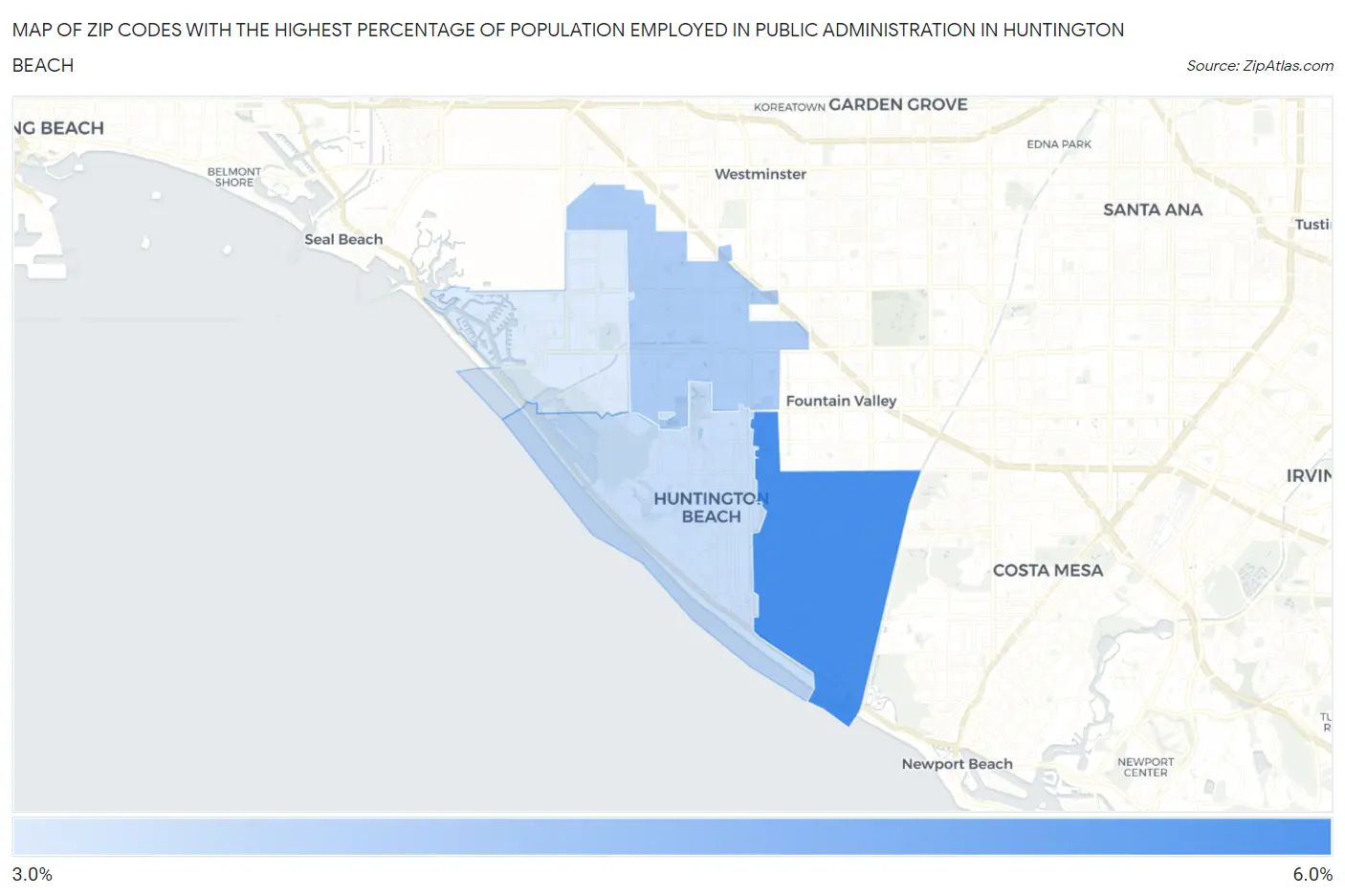 Zip Codes with the Highest Percentage of Population Employed in Public Administration in Huntington Beach Map