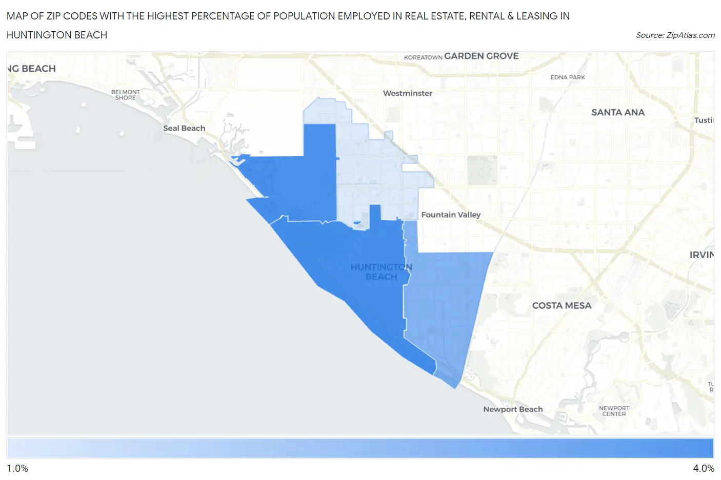 Zip Codes with the Highest Percentage of Population Employed in Real Estate, Rental & Leasing in Huntington Beach Map
