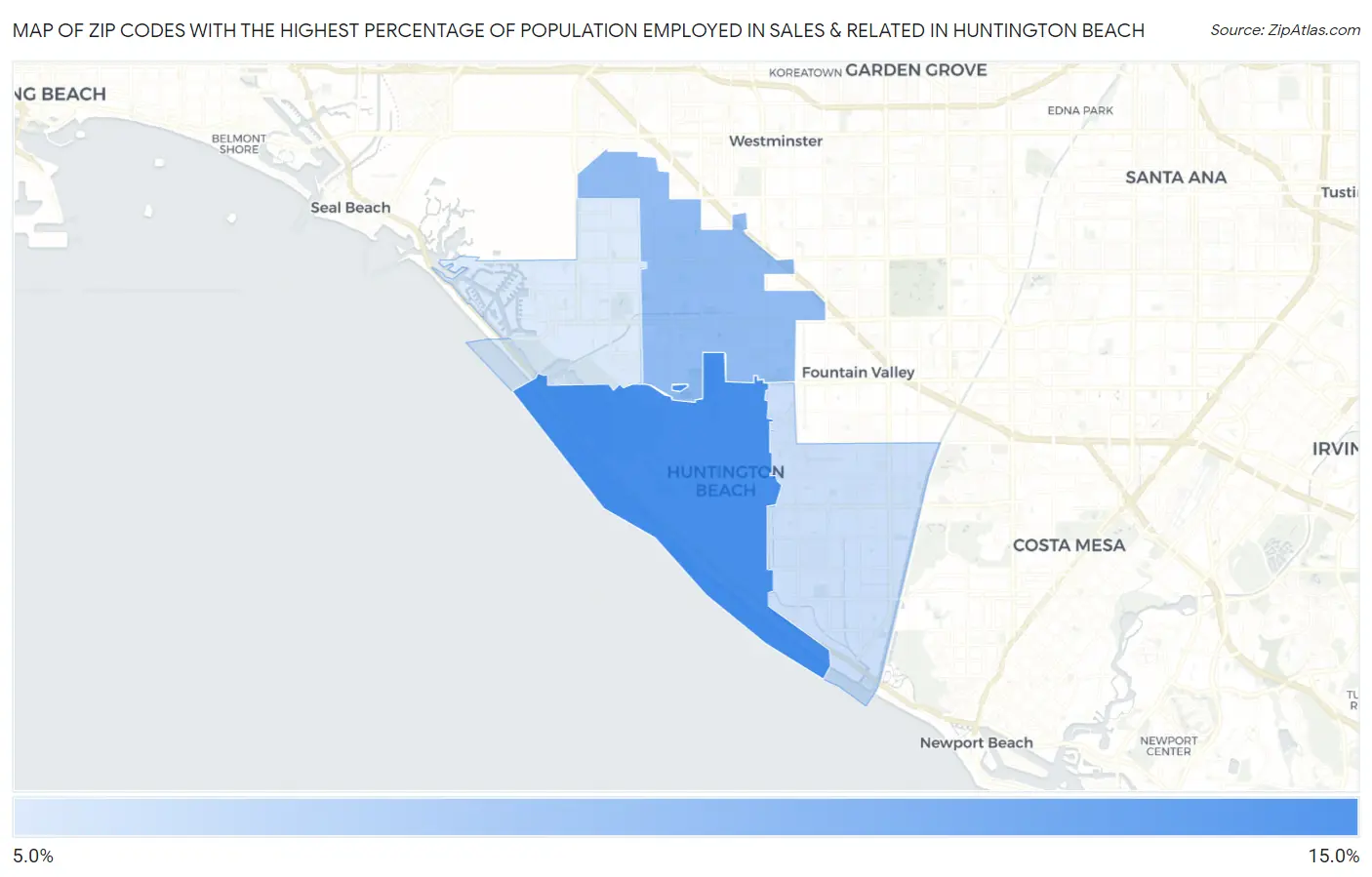 Zip Codes with the Highest Percentage of Population Employed in Sales & Related in Huntington Beach Map