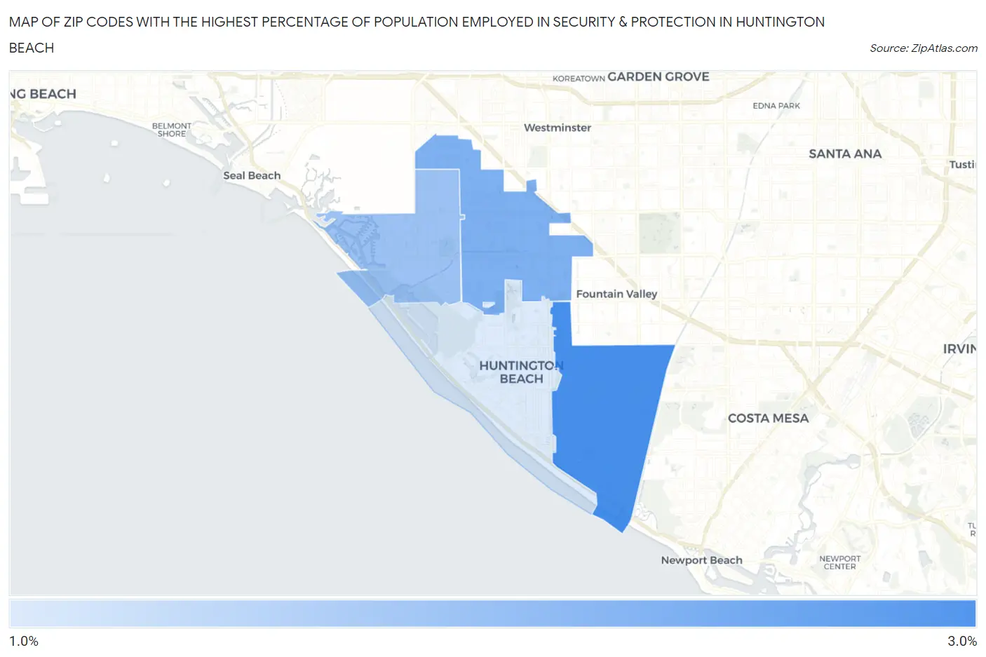 Zip Codes with the Highest Percentage of Population Employed in Security & Protection in Huntington Beach Map