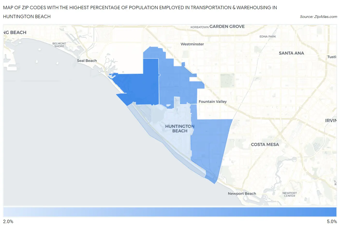 Zip Codes with the Highest Percentage of Population Employed in Transportation & Warehousing in Huntington Beach Map