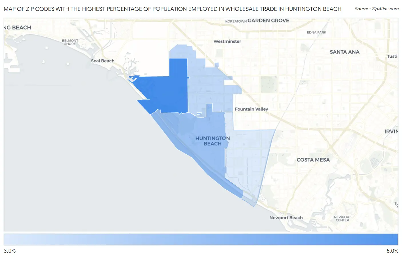 Zip Codes with the Highest Percentage of Population Employed in Wholesale Trade in Huntington Beach Map