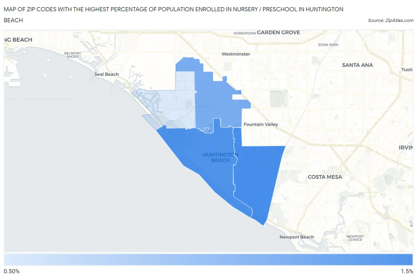 Zip Codes with the Highest Percentage of Population Enrolled in Nursery / Preschool in Huntington Beach Map