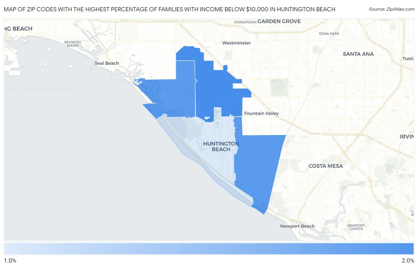 Zip Codes with the Highest Percentage of Families with Income Below $10,000 in Huntington Beach Map