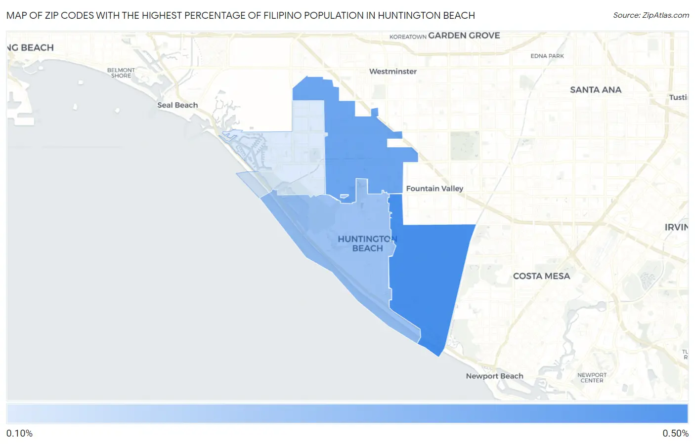 Zip Codes with the Highest Percentage of Filipino Population in Huntington Beach Map