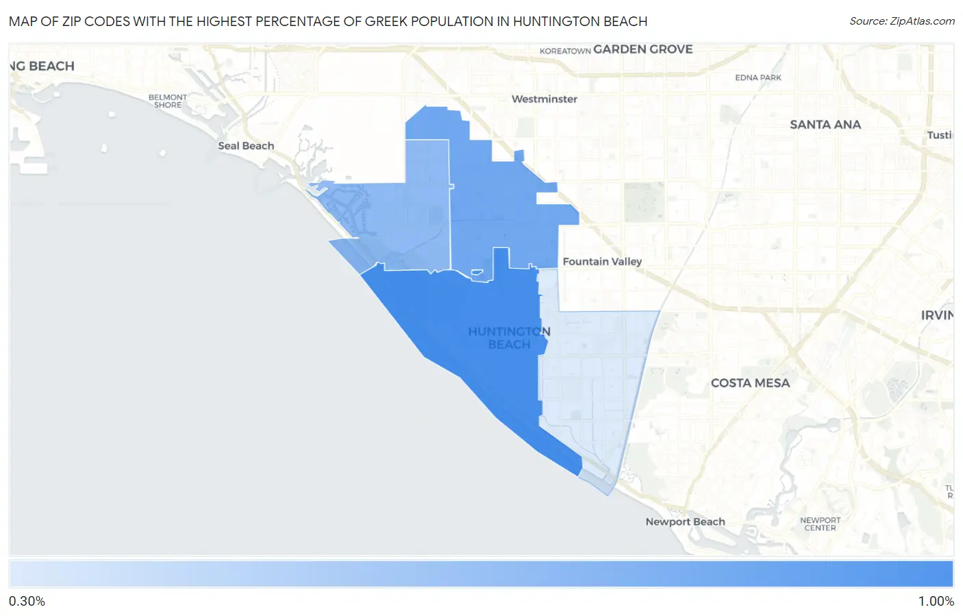 Zip Codes with the Highest Percentage of Greek Population in Huntington Beach Map