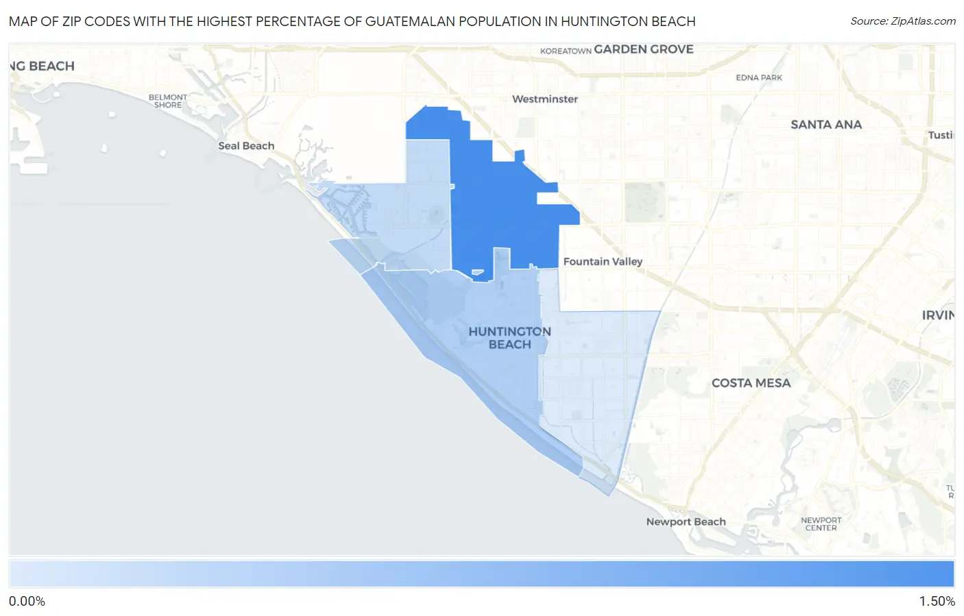 Zip Codes with the Highest Percentage of Guatemalan Population in Huntington Beach Map