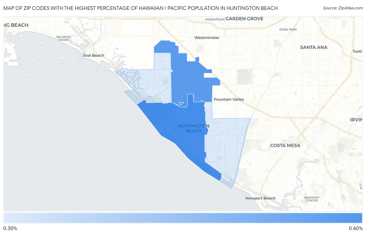 Zip Codes with the Highest Percentage of Hawaiian / Pacific Population in Huntington Beach Map