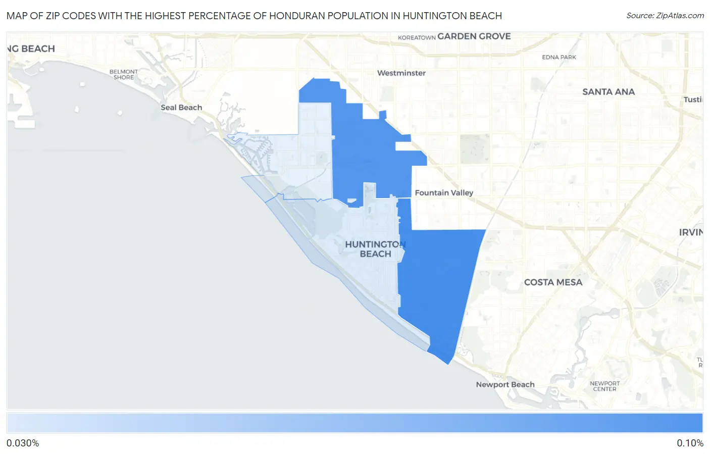 Zip Codes with the Highest Percentage of Honduran Population in Huntington Beach Map