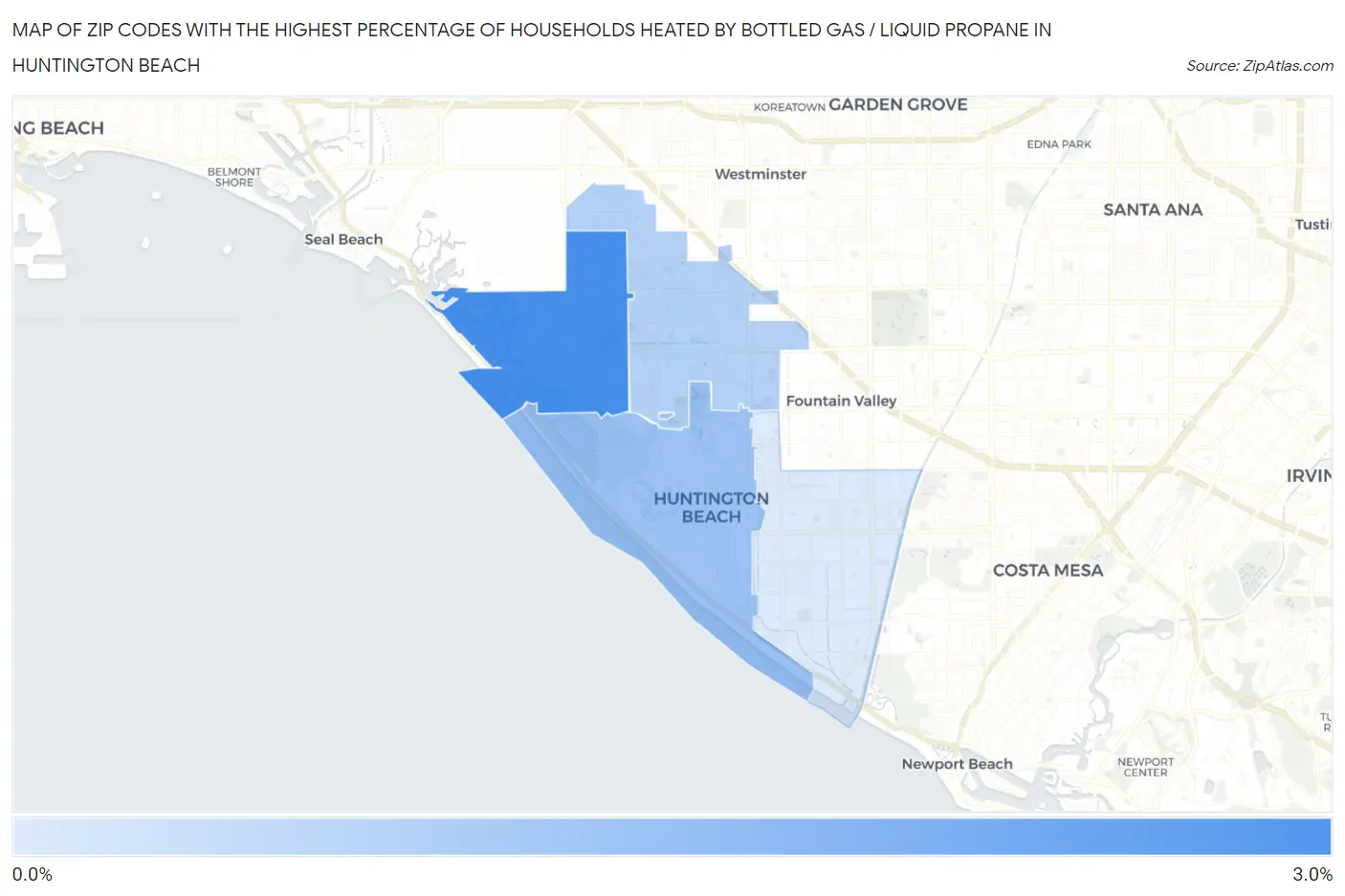 Zip Codes with the Highest Percentage of Households Heated by Bottled Gas / Liquid Propane in Huntington Beach Map