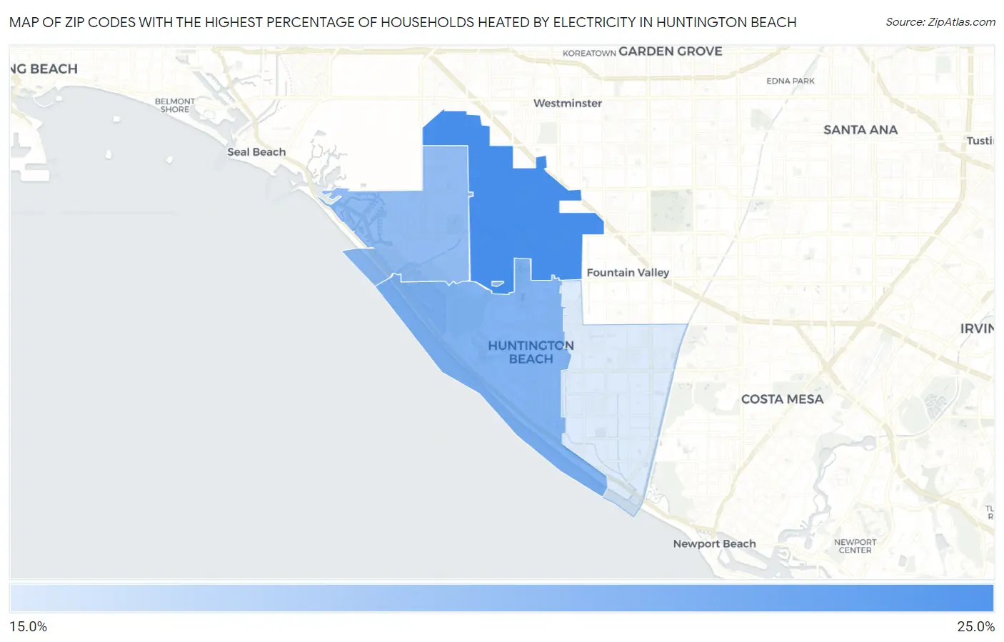 Zip Codes with the Highest Percentage of Households Heated by Electricity in Huntington Beach Map