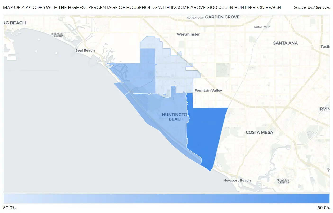 Zip Codes with the Highest Percentage of Households with Income Above $100,000 in Huntington Beach Map