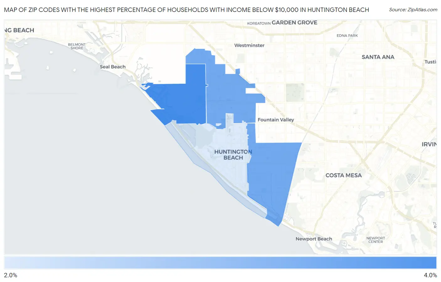 Zip Codes with the Highest Percentage of Households with Income Below $10,000 in Huntington Beach Map
