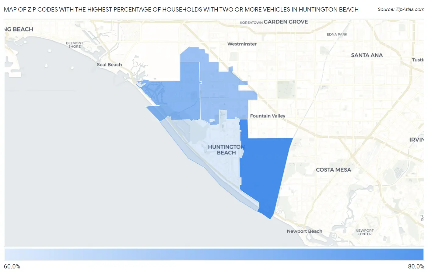 Zip Codes with the Highest Percentage of Households With Two or more Vehicles in Huntington Beach Map