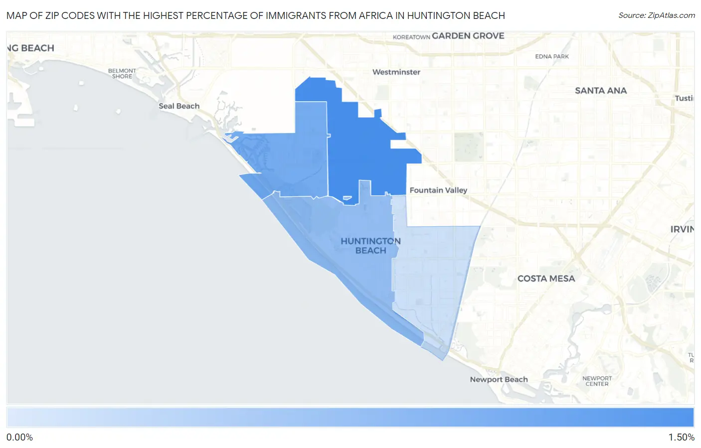 Zip Codes with the Highest Percentage of Immigrants from Africa in Huntington Beach Map