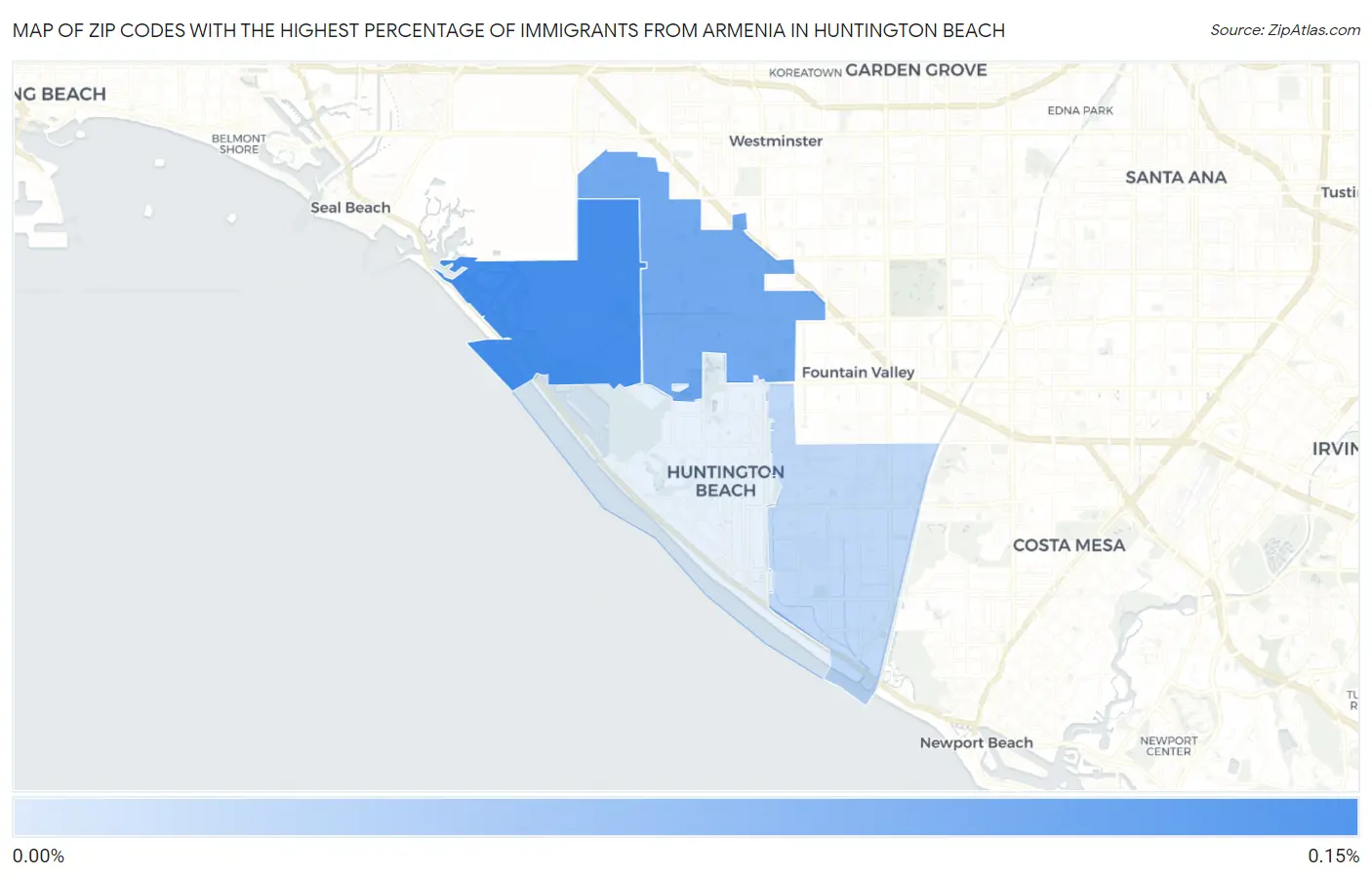 Zip Codes with the Highest Percentage of Immigrants from Armenia in Huntington Beach Map