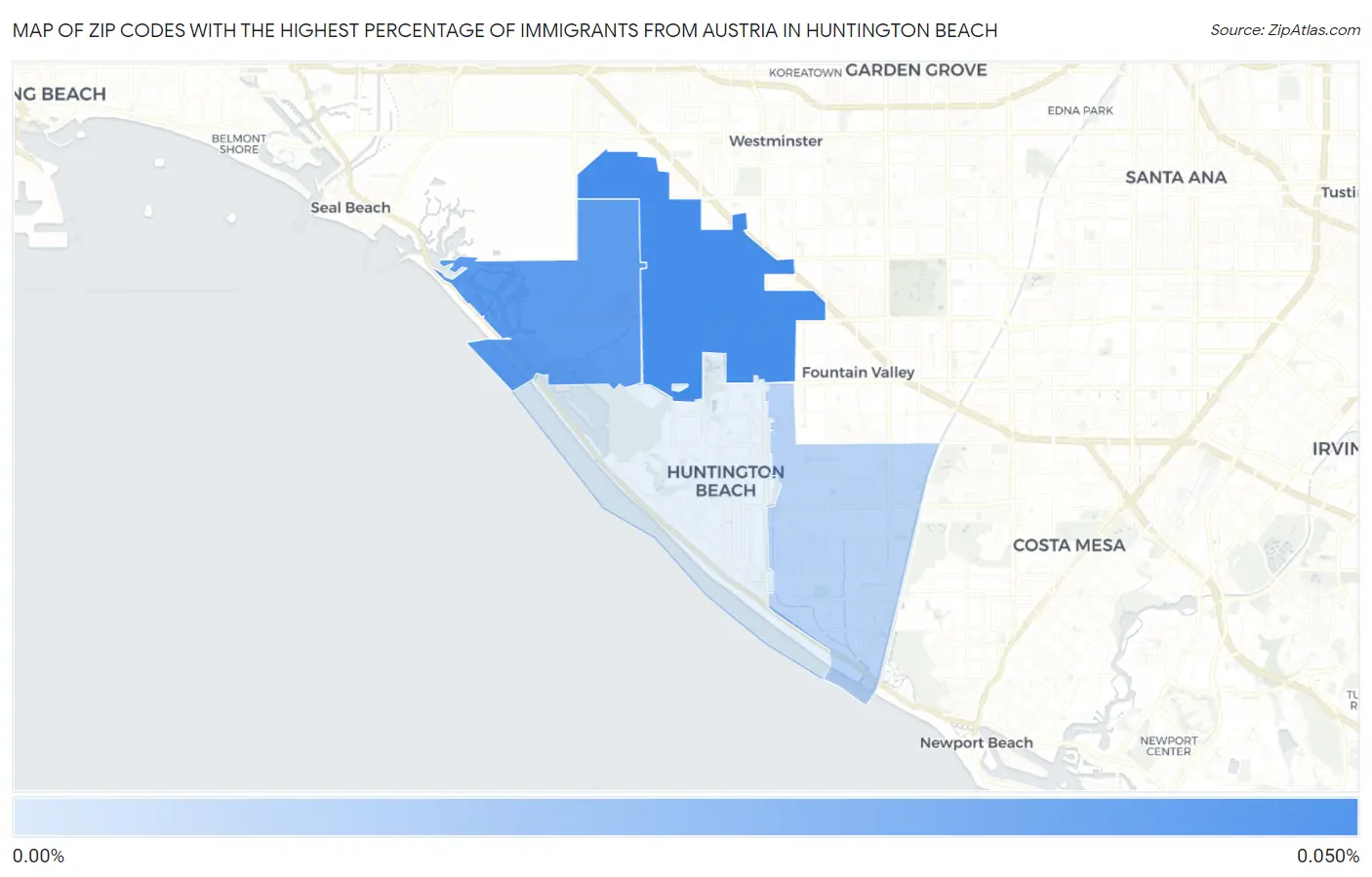 Zip Codes with the Highest Percentage of Immigrants from Austria in Huntington Beach Map