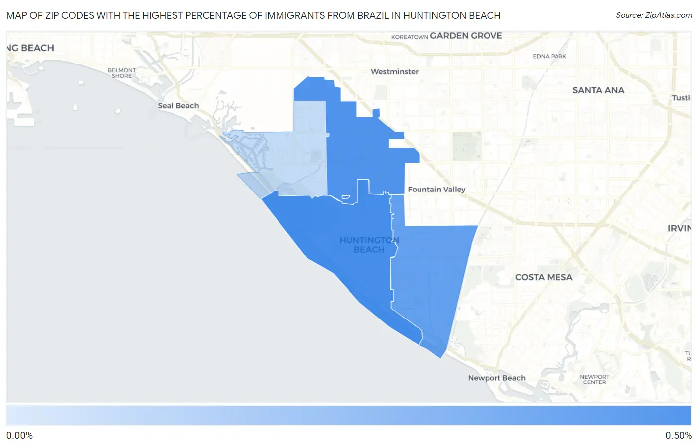 Zip Codes with the Highest Percentage of Immigrants from Brazil in Huntington Beach Map