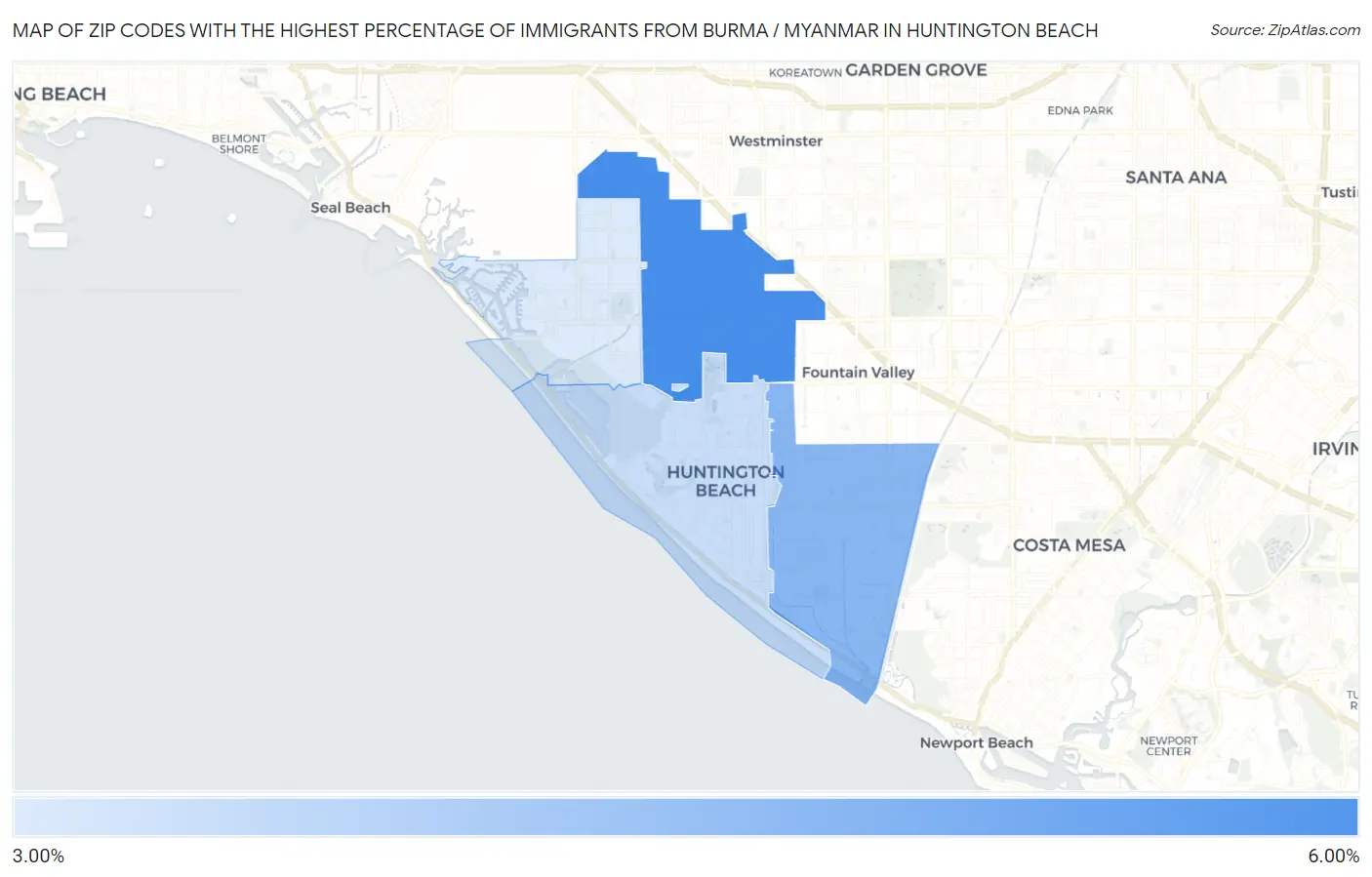 Zip Codes with the Highest Percentage of Immigrants from Burma / Myanmar in Huntington Beach Map