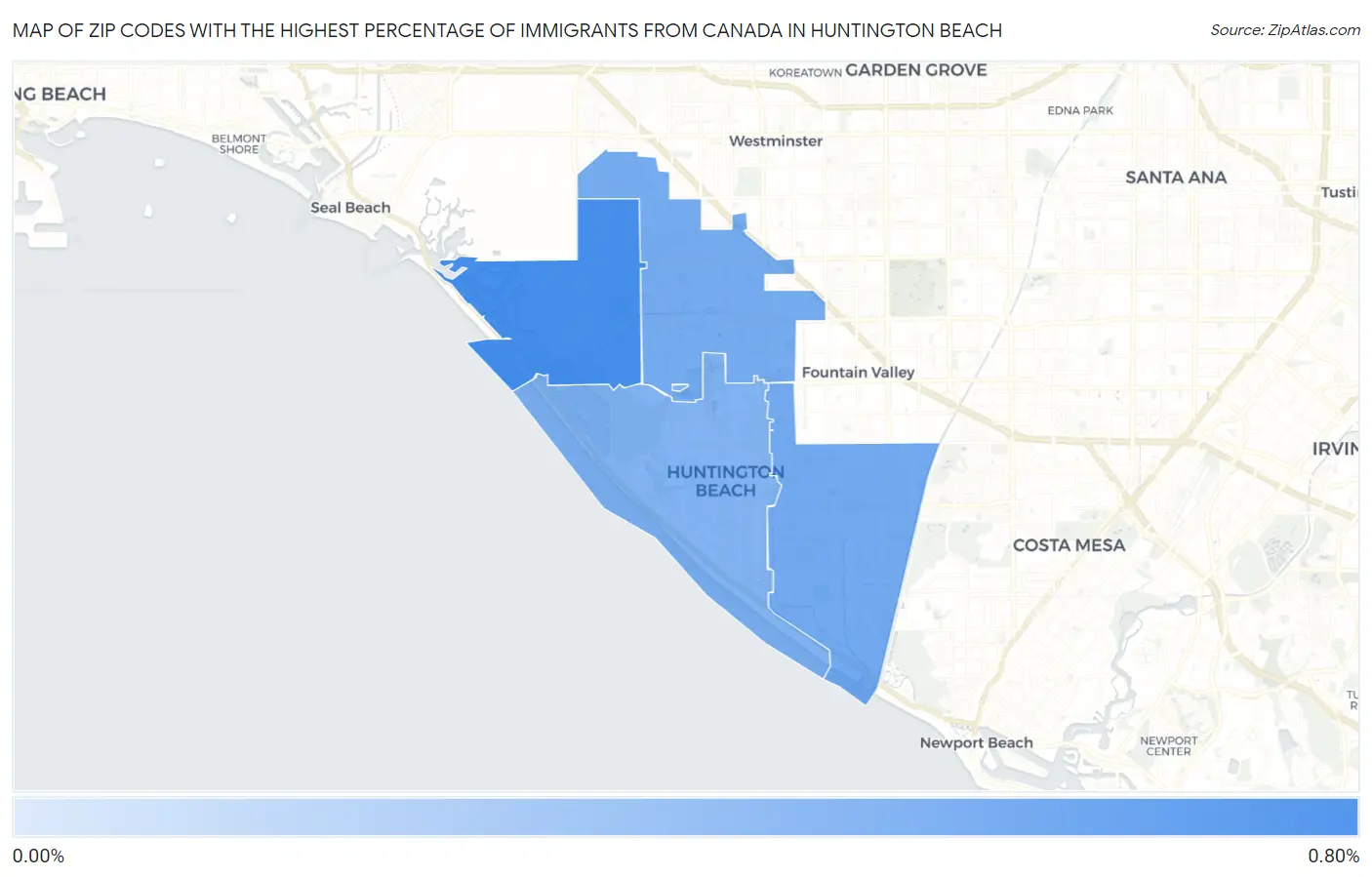 Zip Codes with the Highest Percentage of Immigrants from Canada in Huntington Beach Map