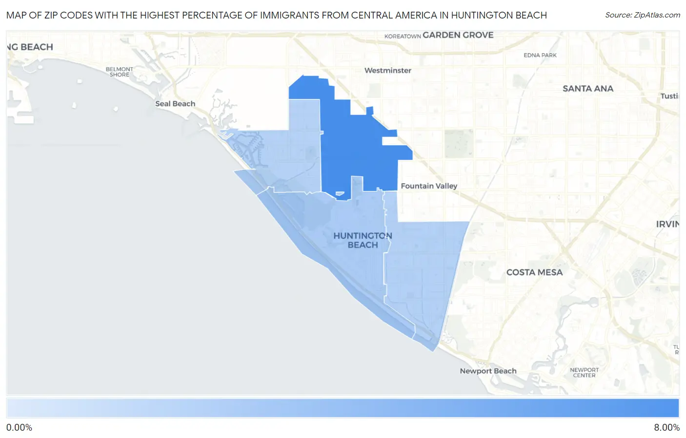 Zip Codes with the Highest Percentage of Immigrants from Central America in Huntington Beach Map