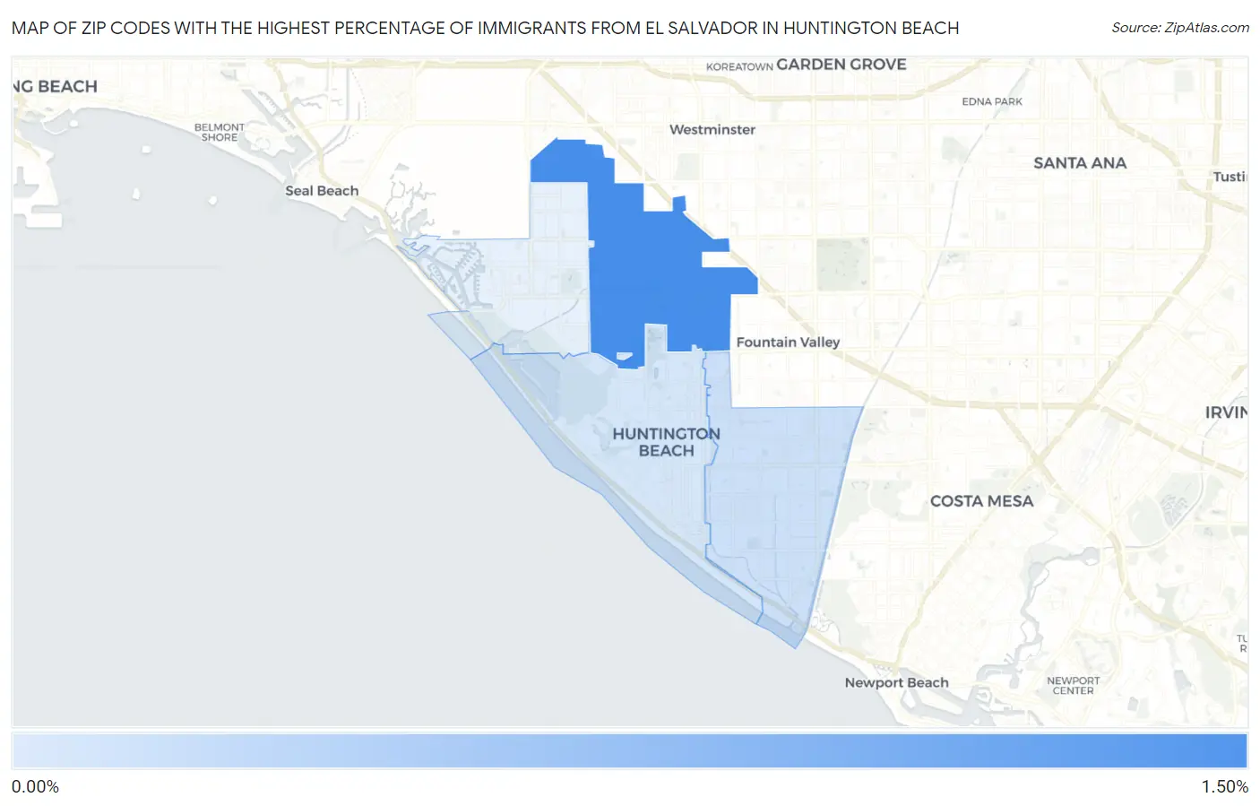 Zip Codes with the Highest Percentage of Immigrants from El Salvador in Huntington Beach Map