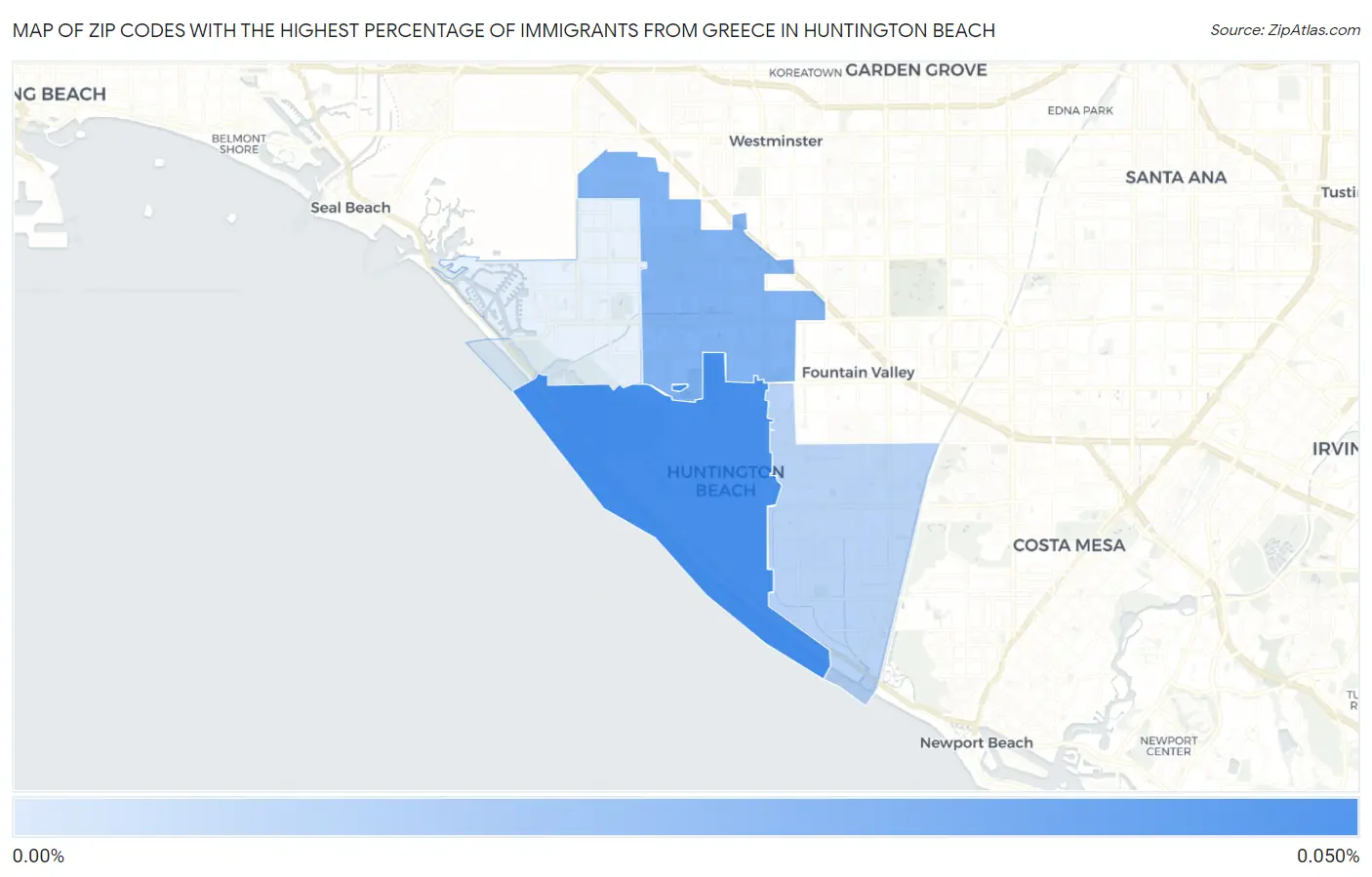 Zip Codes with the Highest Percentage of Immigrants from Greece in Huntington Beach Map